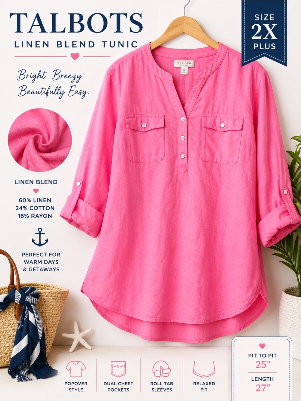 Talbots Plus 2X Pink Linen Blend Popover Tunic Shirt Roll Tab Sleeve